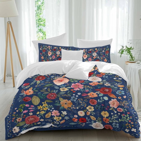 Colorful Flowers Square Full Size Comforter Set, Spring Vintage Floral Leaves Navy Blue Bedding for All Seasons, 4 Pcs Bed Set, 1Quiltcover (86"x86") ,1Sheet(80"x116"), 2Pillowcases (30"x20")