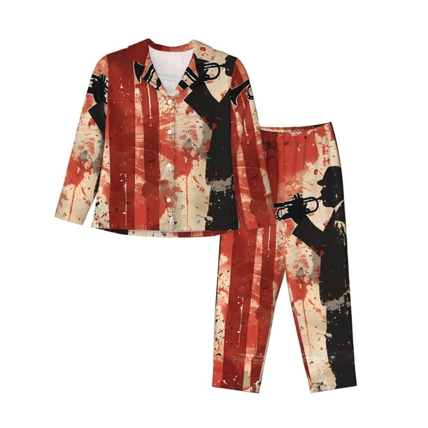 Fotbe Silhouette Trumpet Red Art Conjunto de Pijama de Manga Larga para Mujer con Estampado, Ropa de Dormir de 2 Piezas, Conjunto de Casa Suave y Cómodo con Bolsillos-XX-Large