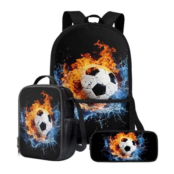 KUIFORTI Backpack Combo Set for Girls Boys Kids, 3Pcs Bookbag with Pencil Case for School, 17 Inch Schoolbag with Lunch Bag for Camping Outing, Fire Soccer