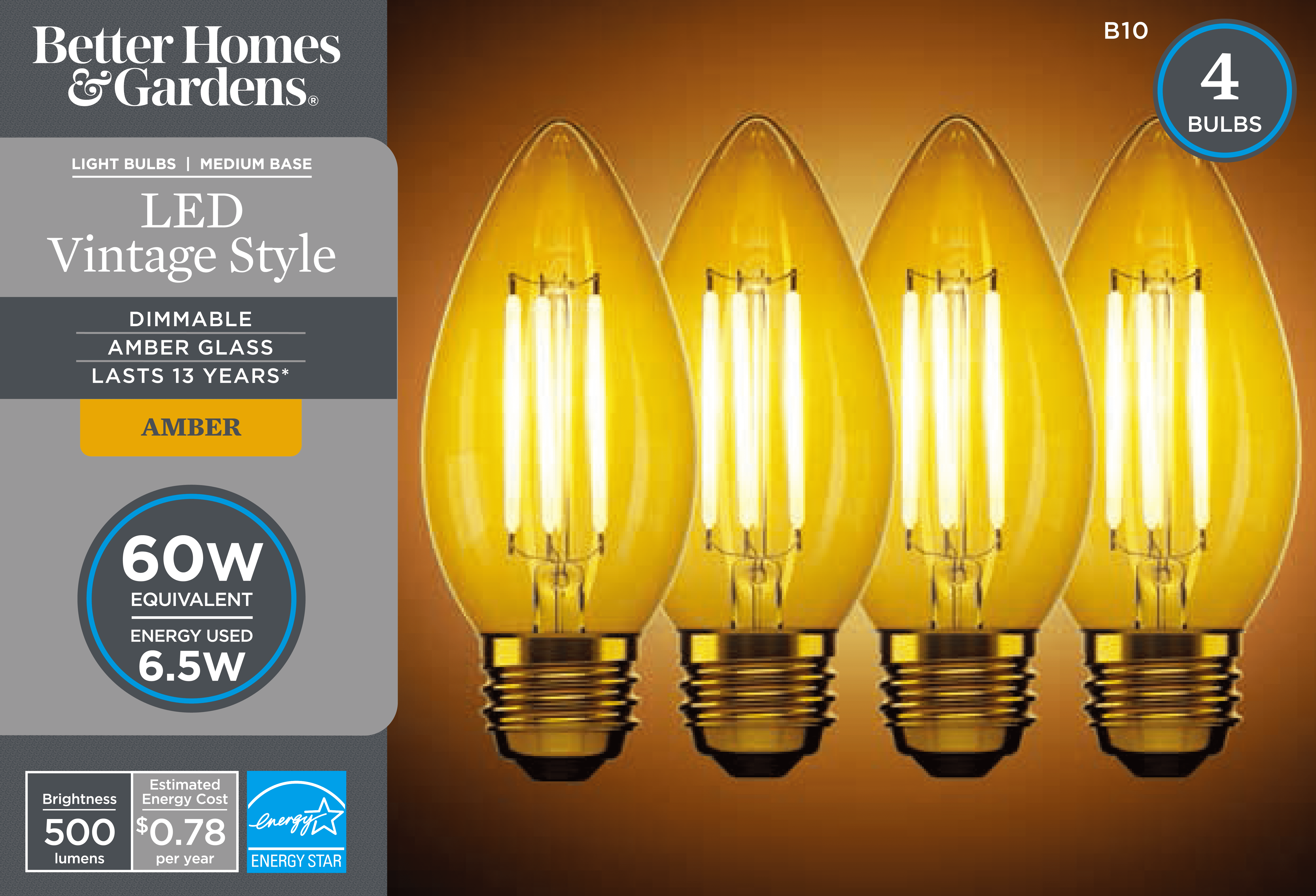Better Homes & Gardens LED Vintage Style Light Bulb, Candle 60 Watts Amber Classic Filament, Medium Base, Dimmable, 4 Pack CA