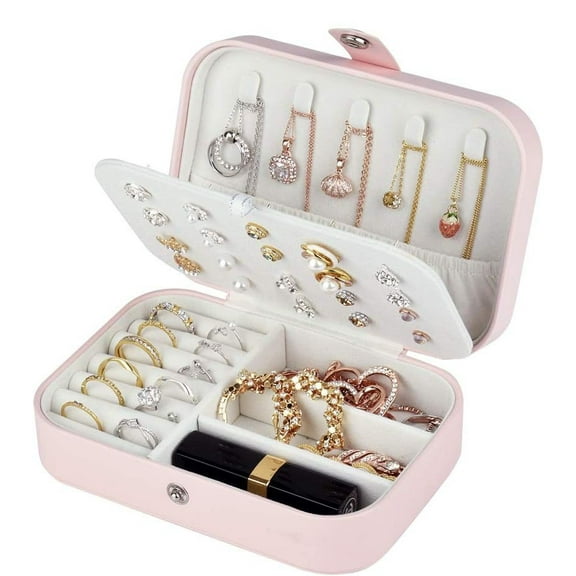 LQQBOX Jewelry Organizer Box Travel Jewelry Case,Jewelry Boxes for Women,Small Double Layer Mini Jewelry Display Holder for Rings Earrings Necklace Bracelets,Best Gift Box for Girls Women,Pink
