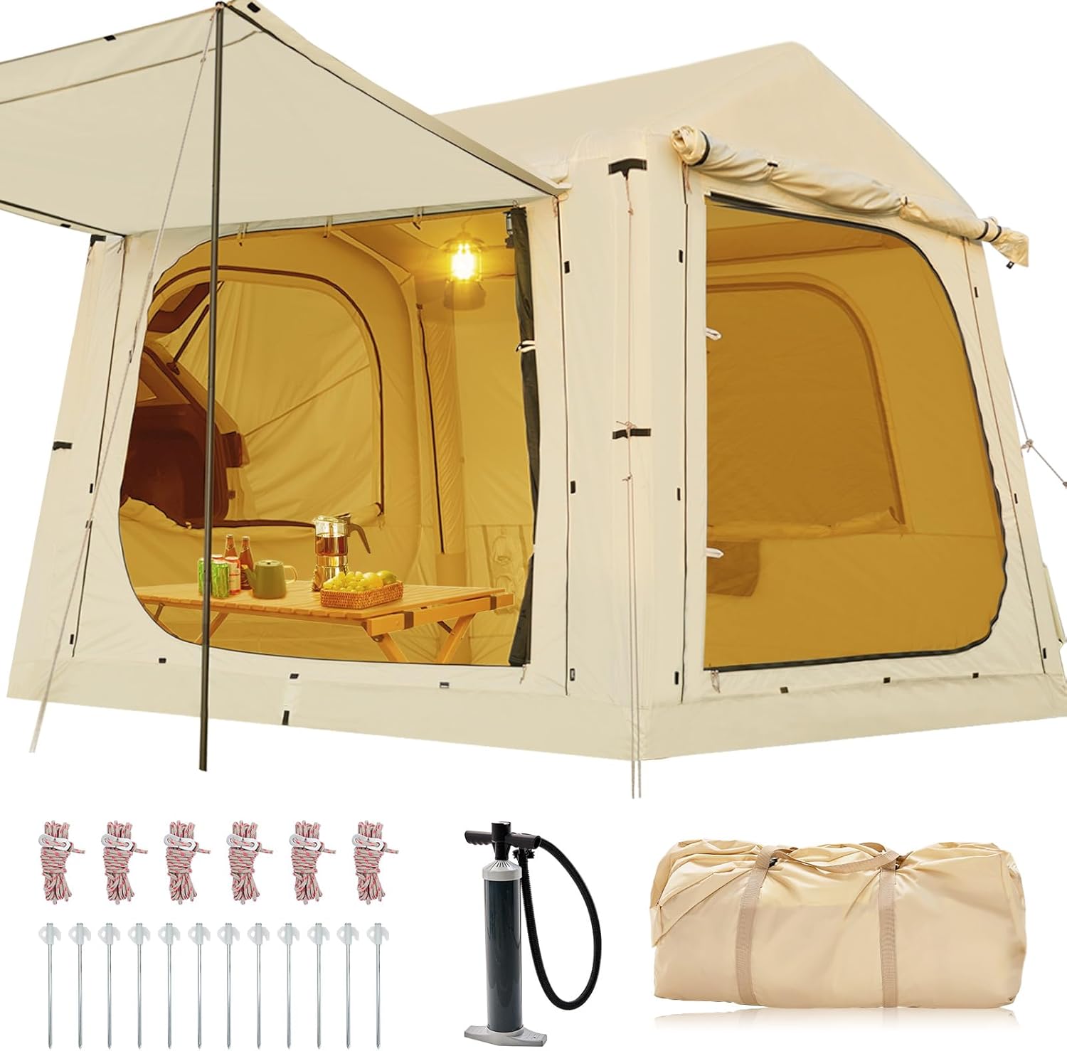 3-5 Person Inflatable Camping Tent With Hand Pump & Stove Jack - Beige, 9.8x6.6ft