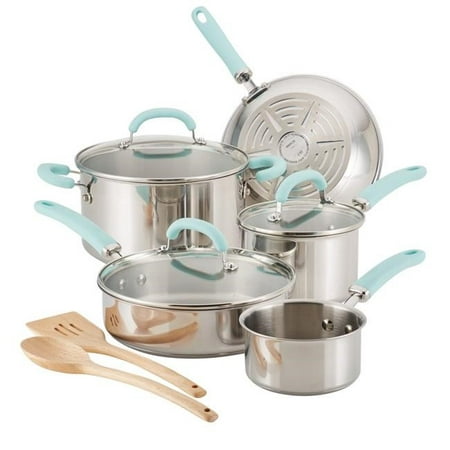 

Rachael Ray 10-Piece Create Delicious Stainless Steel Pots and Pans Set Cookware Set Light Blue Handles