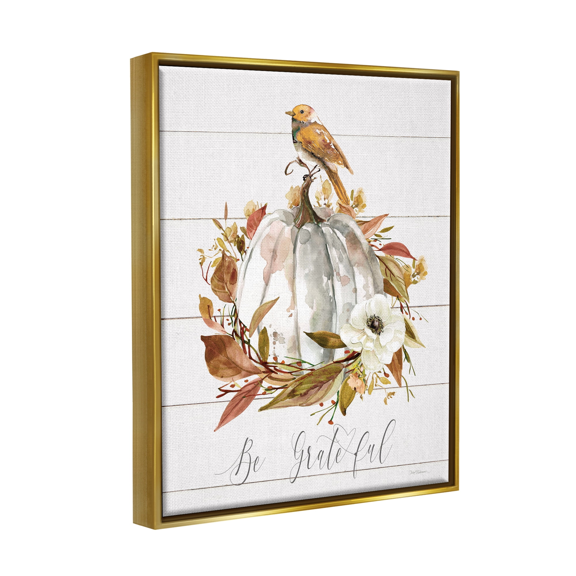 Stupell Industries Be Grateful Fall Pumpkin Botanical & Floral Painting Gold Floater Framed Canvas Art Print Wall Art, 17 x 21
