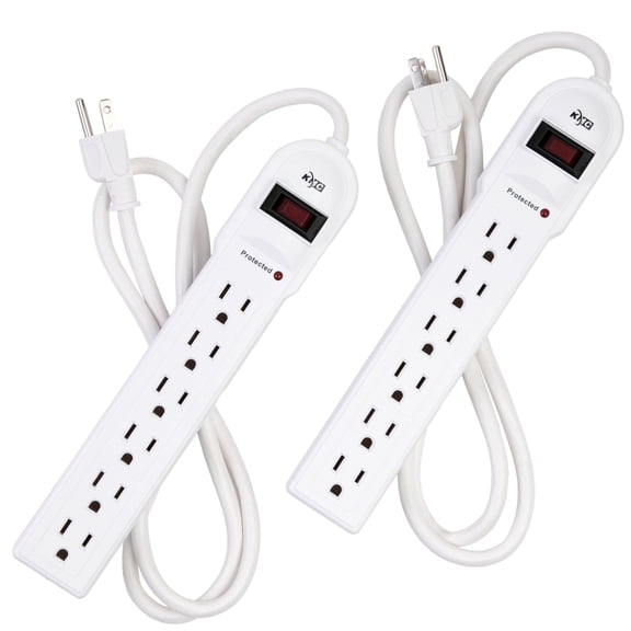 KMC 6-Outlet Surge Protector Power Strip, 4ft Extension Cord, 900 Joules, White, 2-Pack