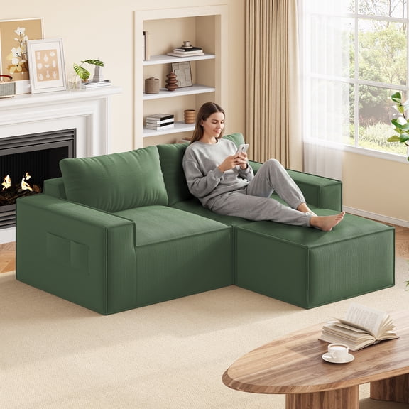 80" Modular Loveseat Sectional Sofa, Asofer Corduroy Boneless Upholstered Couch With Ottoman for Living Room, No Assembly Required, Green