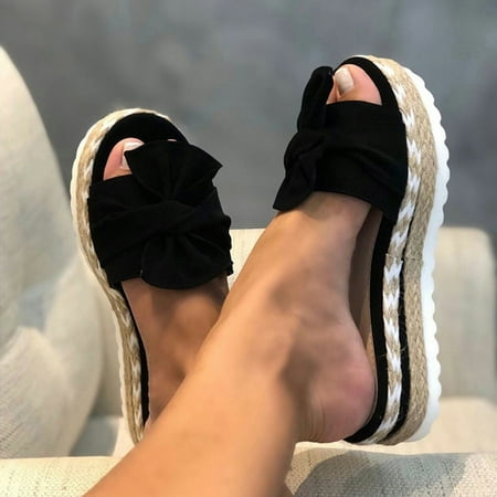 

Egmy Women Bowknot Beach Summer Slippers Platform Slope Heels Plus Size Shoes