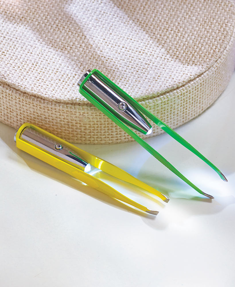 Set of 2 Spot on LightUp Tweezers LED Light Stainless Steel White Slanted Tips (Yellow and