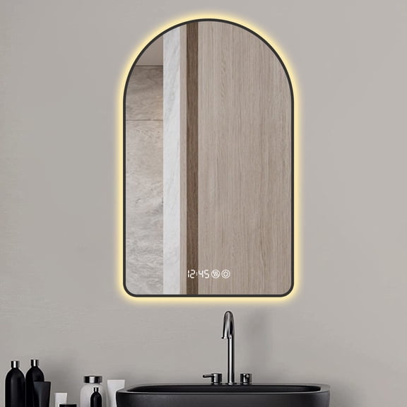32"x60" Modern Vanity Mirror with Lights, Time and temperature display, Backlight, Anti-Fog, Dimmable, with Three Color Temperatures- Arched LED Mirror for Bathroom