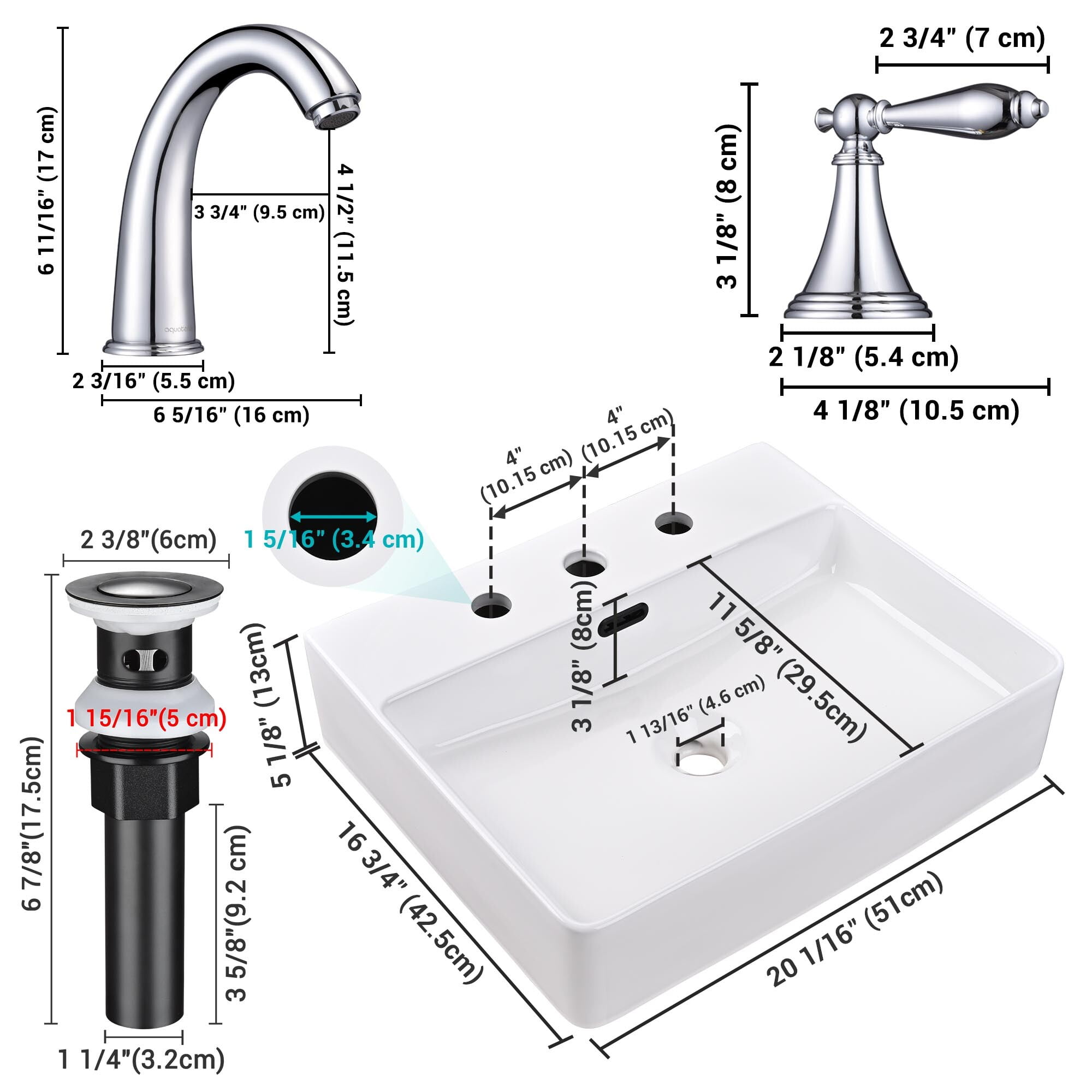 Aquaterior Rectangle Ceramic Sink Bathroom Countertop Basin with Faucet Drain