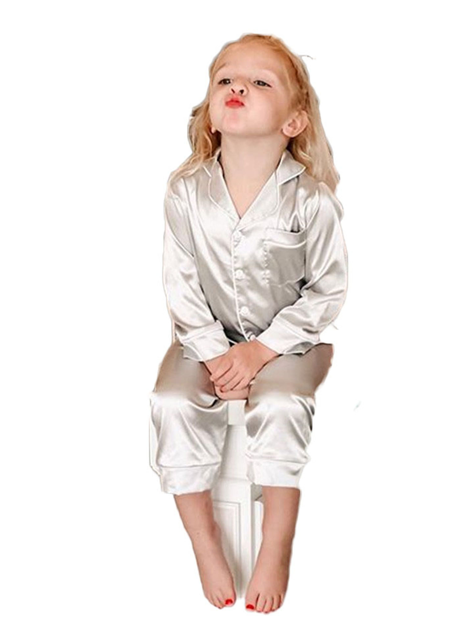 Dewadbow Childrens Kids Pyjamas Silk Satin Top Pant Nightwear Girls Boys Pjs Stock - image 3 of 5