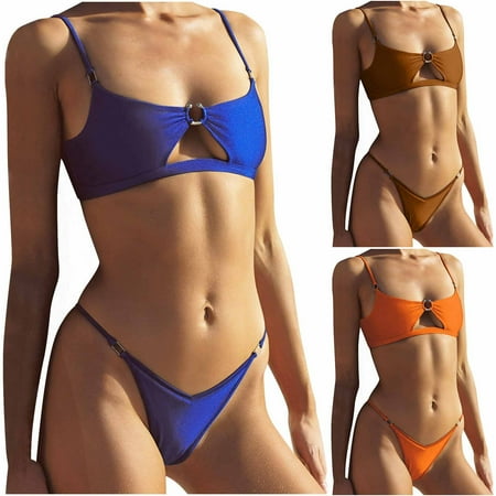 Brondbend Bikini Sets for Women Solid Color Keyhole Neck Spaghetti Straps Swimsuit Sets Sexy O Ring Thong Bottom Two Piece Brazilian Bikini Bathing Suit with Pad Breathable Womens Bikini Blue L
