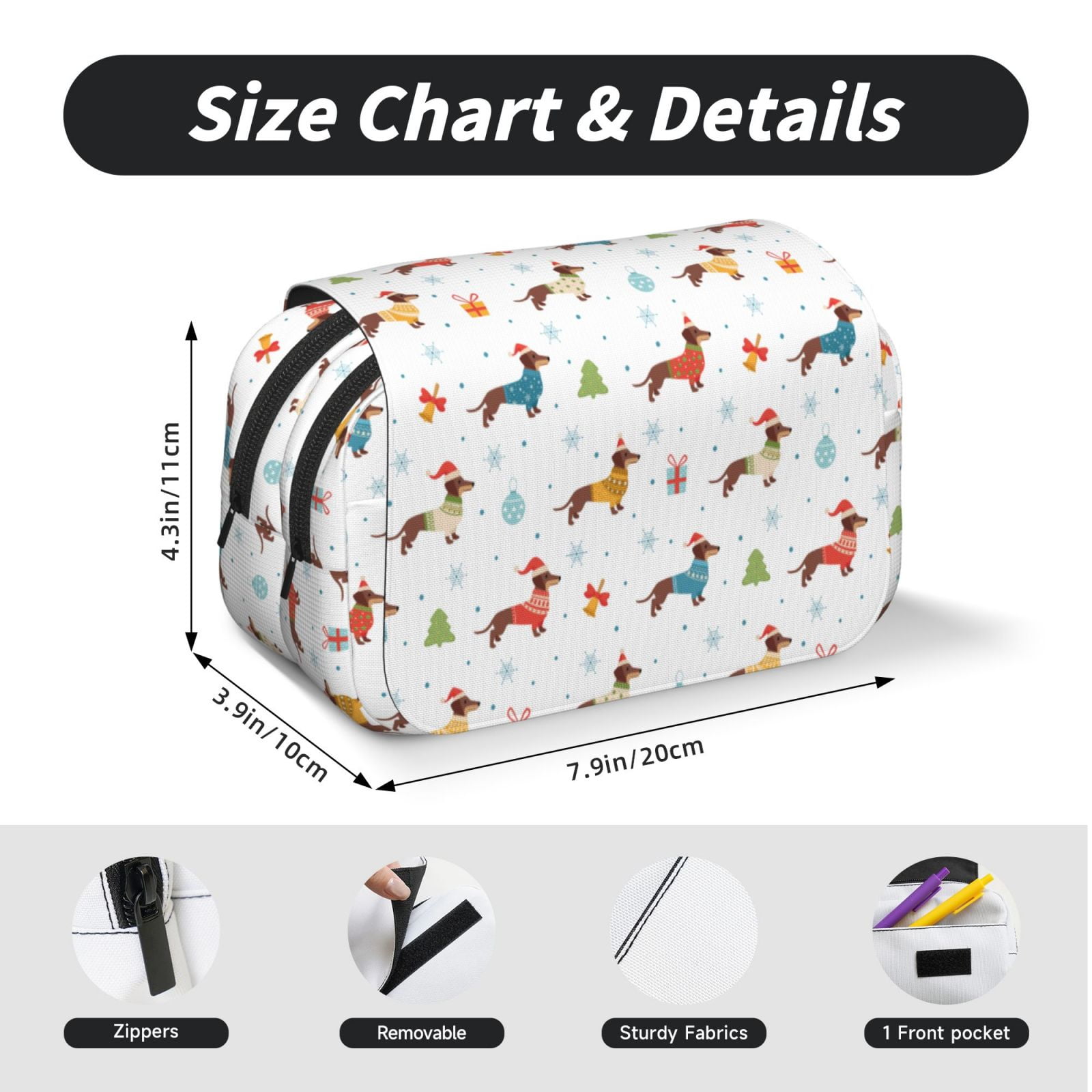 Rateoe winter Snowflake Dachshund Pattern Double Clamshell Pen Case, Storage Organizer with Two Zipper Compartments– Holds Up to 50 Pencils & Pens