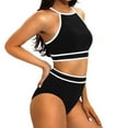 thumbnail image 6 of WIZUTIZ Women's Tankini Swimsuits Push Up Slim Camisoles High Waist Tank Top with Bottom Ribbed Off-the-Shoulder Color Block Swimwears Sleeveless Round Neck Bathing Suit One Piece Outdoor Black, 6 of 6