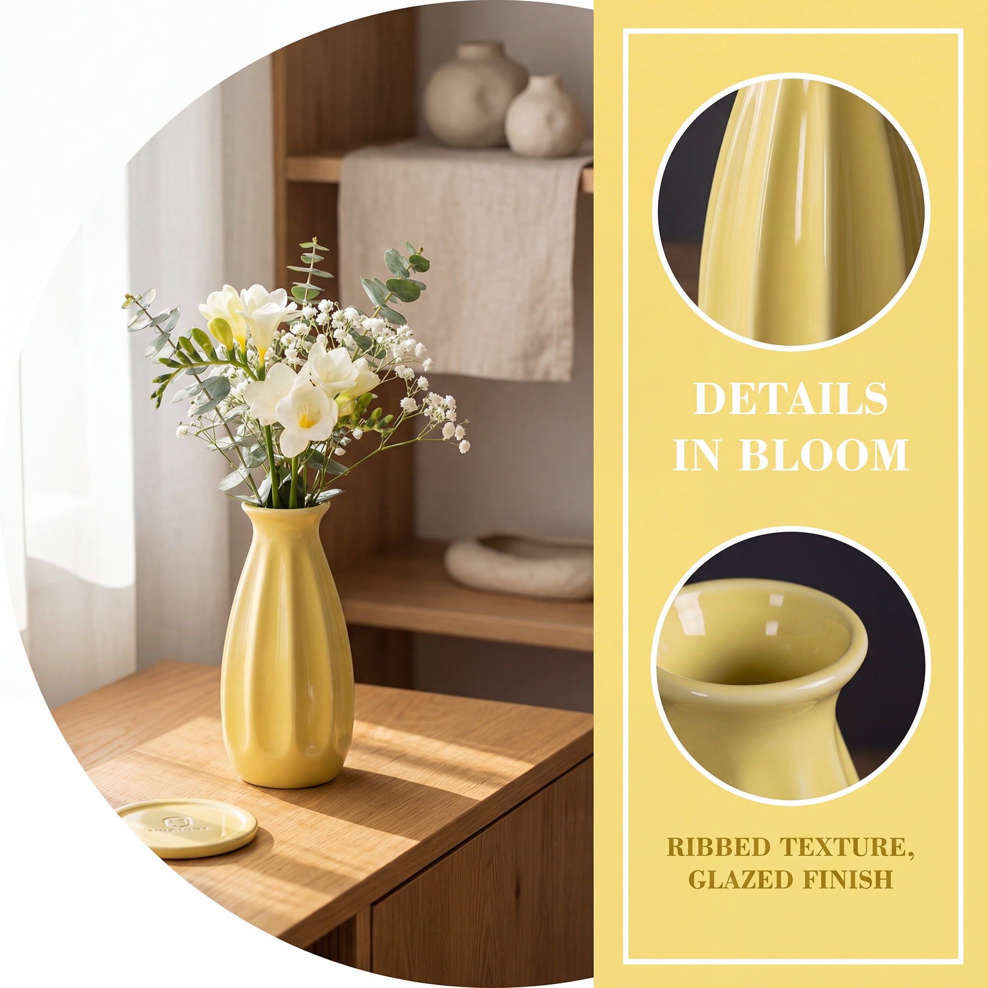 Unique Bargains Mini Ceramic Matte Ribbed Flower Vase Yellow 2.4"L x 2.4"W x 5.1"H