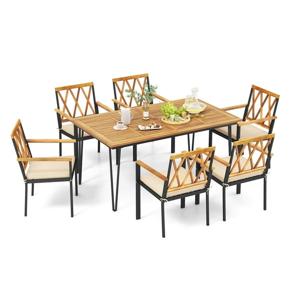 Gymax 7 PCS Patio Dining Set w/ 2'' Umbrella Hole and Seat Cushions for Garden