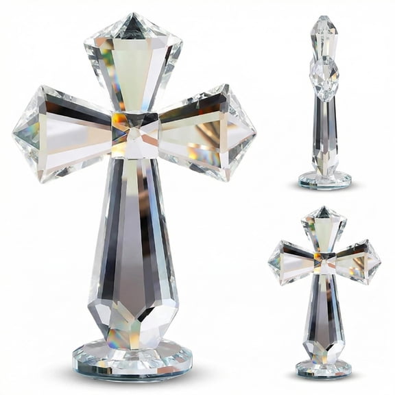 Hand Carved K9 Crystal Cross 5.9 Inch Tabletop Religious Figurine for Home Altar and Office Desk Decor