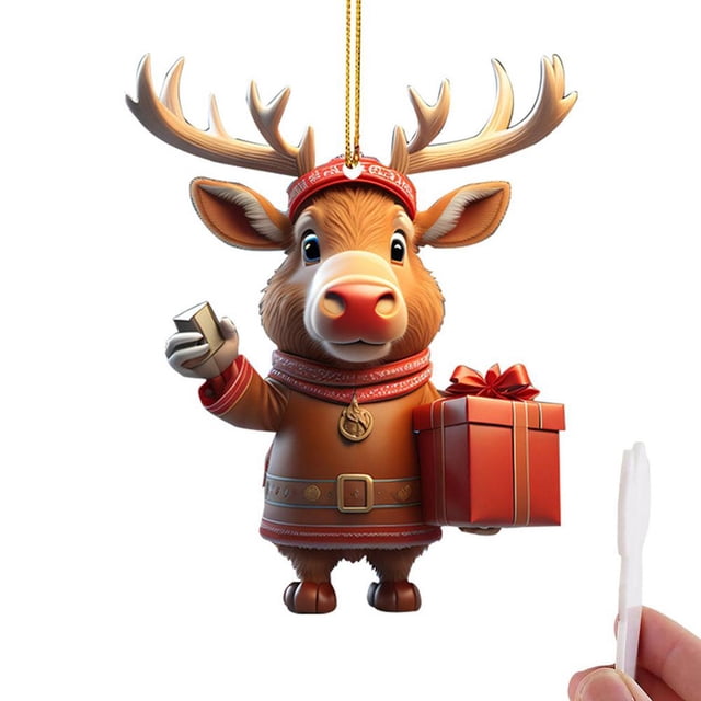 LUVCLS Lindos colgantes de árbol de Navidad con dibujos de ciervos, adornos colgantes de acrílico 2D para Navidad, colgante creativo para árbol de Navidad, colgante decorativo para colgar en la pare