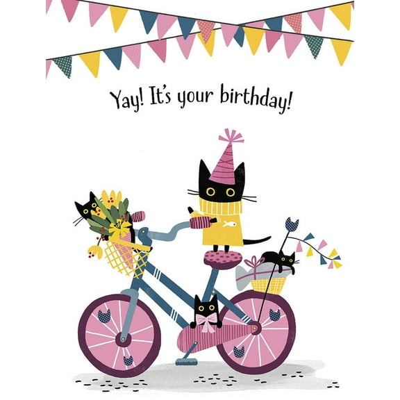 Cute Birthday Card with Cats on Bicycle – “Yay! It’s Your Birthday!” – Envelope Included, Blank Inside – Ideal for Celebrating Friend's or Loved One's Special Day