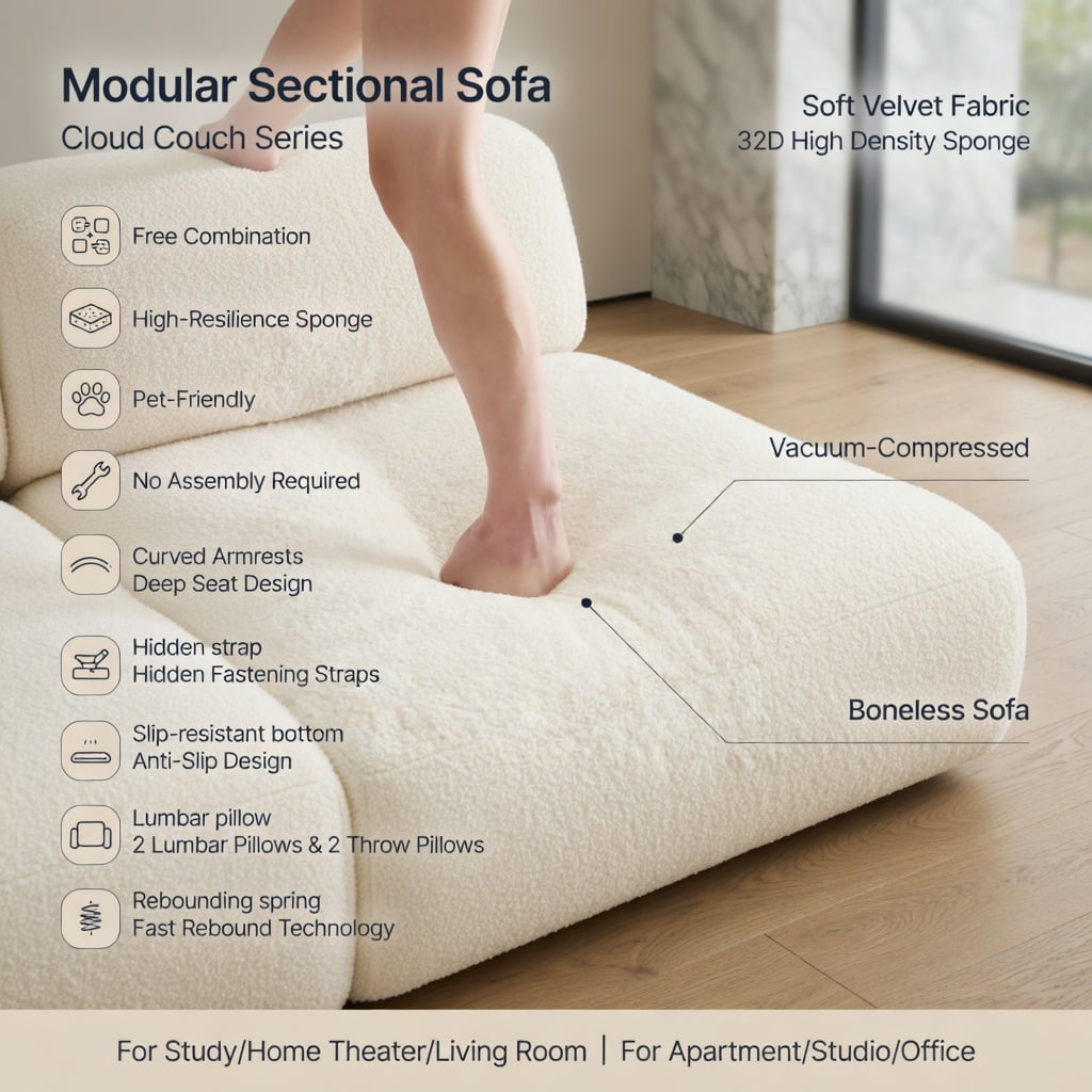 Hommoo Teddy Fleece 3-Seat Modular Sectional Sofa with Curved Backrest, Movable Ottoman & Double-Layer Cloud-Like Cushions, Beige