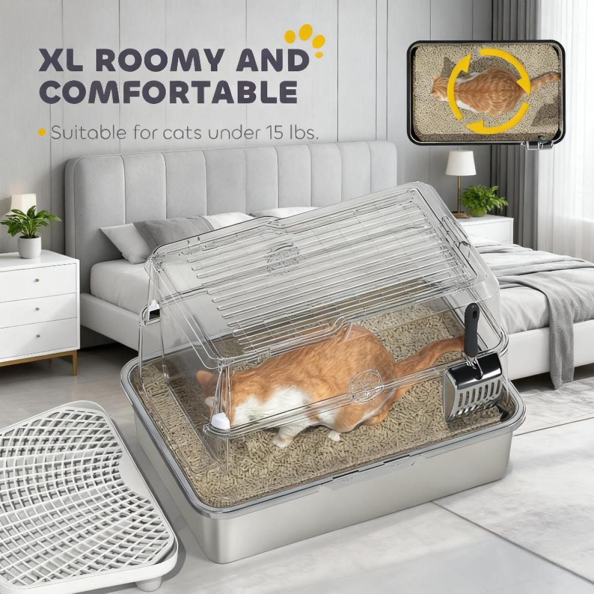 23.7" Fully Enclosed Stainless Steel Cat Litter Box - XL Spacious, Odor Control & Scratch Resistant, Easy-Clean Flip-Top for Cats Up to 15 lbs (23.7"Lx15.8"Wx17"H)