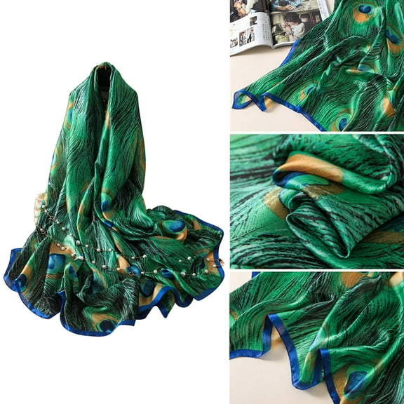 Opvise Fashion Peacock Feather Scarves Women Silk Cover Up Scarf Beach Travel Shawl