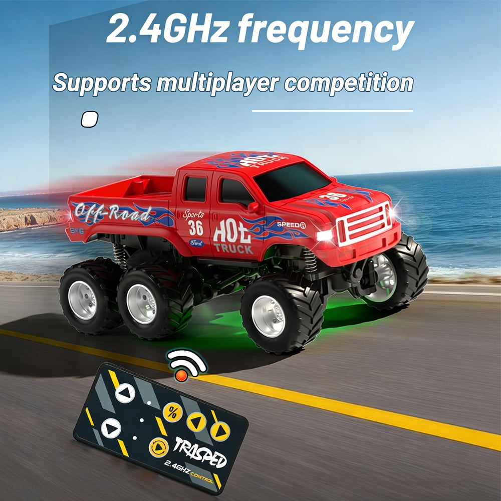 Mini Rc Truck, 1:64 Scale Monster Truck Remote Control Car with Speedboat and Lights, 2.4Ghz Remote Control, Mini Alloy Monster Truck Rc, Speed/Steering Adjustable