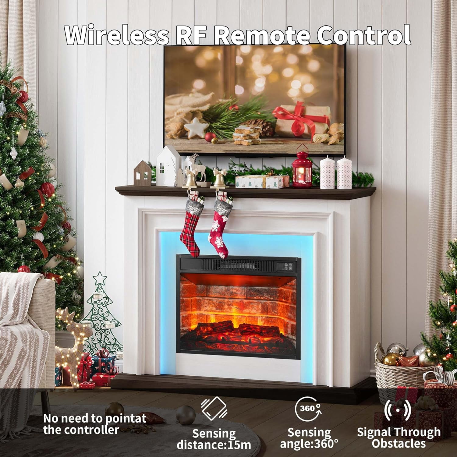 BOSHIRO 44-Inch Freestanding Electric Fireplace Heater with Mantel, Realistic LED Flame, Remote & Touch Control, 1400W, White & Brown
