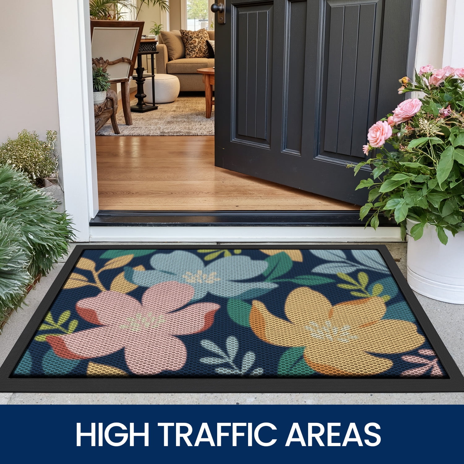 PABUBE Outdoor Doormat, Heavy Duty Non-Slip Spring Welcome Mat, Low Pile & Dirt Trapper Front Door Mat Outside, Colorful Floral Patio Outdoor Mat for Front Doors, 24" x 36"