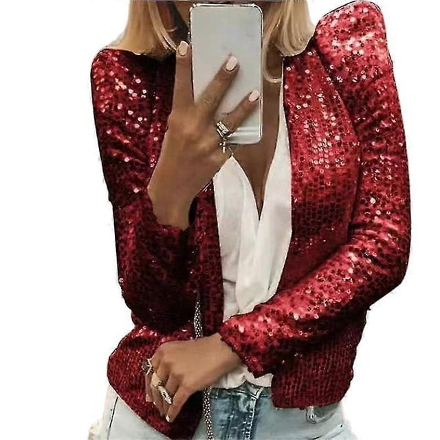 Blazer de Fête Décoration à Sequins Col Rond Manches Longues Ajusté Cardigan Habillage Mode Urbaine Femmes