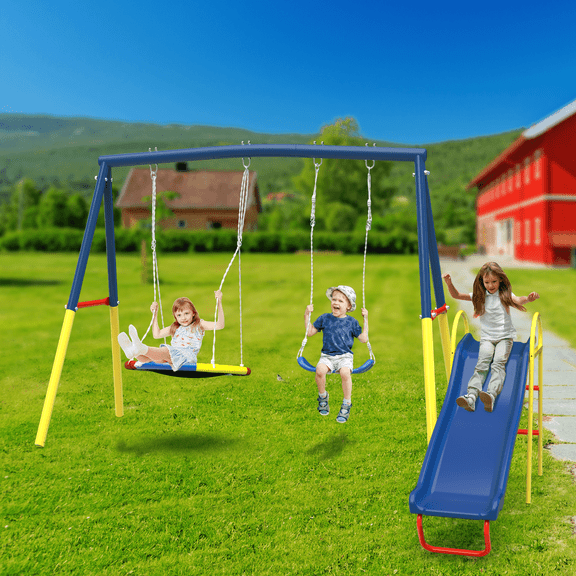 COCLUB 3 in 1 Kids Swing Sets with Slide for Backyard, Outdoor Heavy-Duty Metal Swing Sets with 2 Seats, 3 in 1 Playset for Kids Age 3 