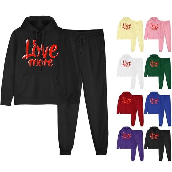 JURANMO Womens 2 Piece Set, Hoodie Sweatsuit Letter Print Long Sleeve Two Piece Outfits Drawstring Hooded Sweatshirts with Joggers Sweatpants Deals of The Day Clearance White XXXL