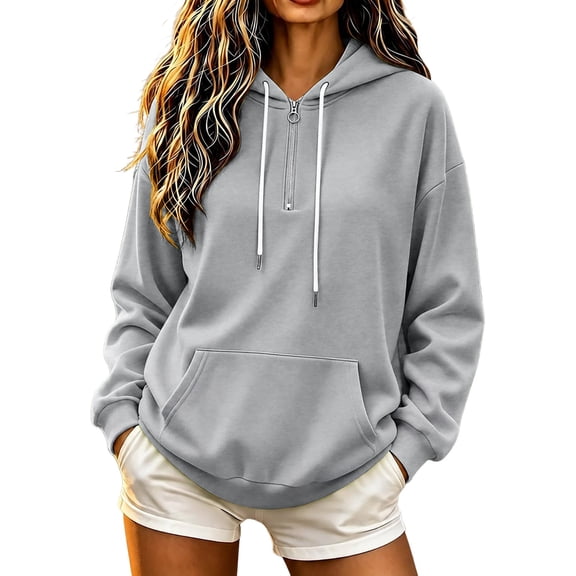 AKOEE 1/4 Zip Hoodie Pullover for Women Drawstring Hooded Baggy Sweatshirts with Pocket Fall Winter Tops (XL, Gray)
