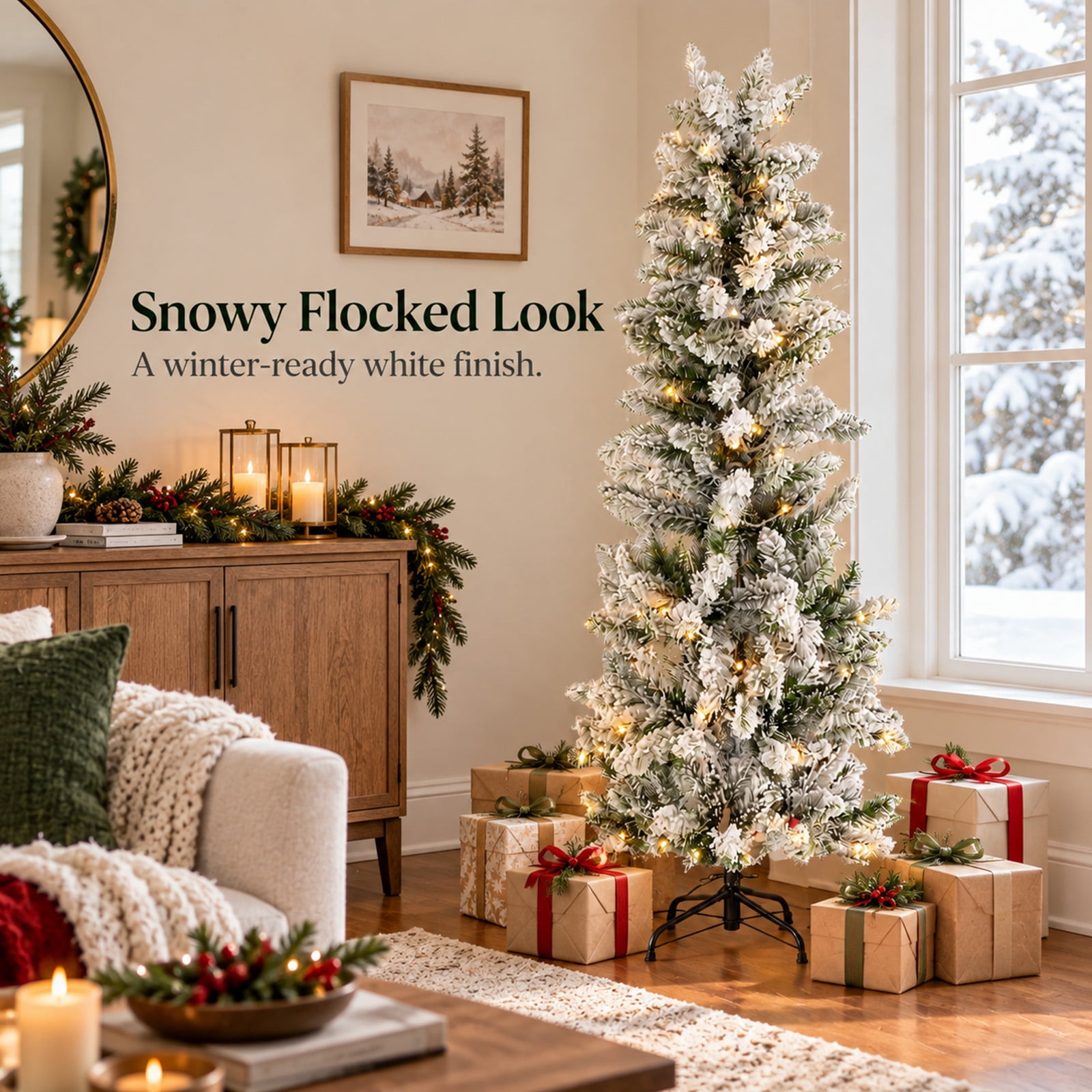 Alvantor Pre-Lit Flocked Pencil Christmas Tree with 8 Modes, White, 9FT