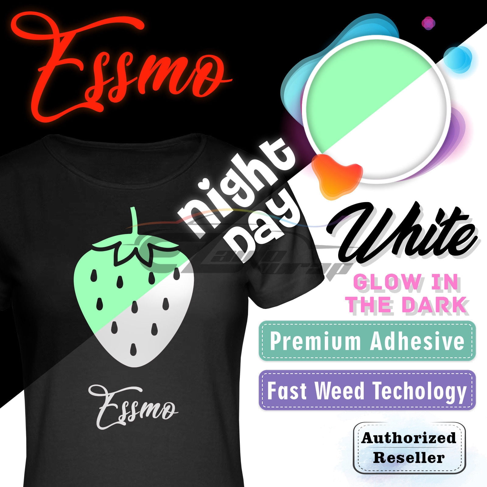 ESSMO™ Glow in The Dark White Transfer Vinyl HTV T-Shirt 20" Wide Roll Iron Heat Press GD05 20"x120"