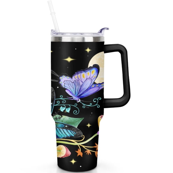 Mushrooms Design 40oz Cold Drink Cup Double Wall Stainless Steel Vacuum Insulated Easy Grip Handle Straw Lid Leak Proof Unisex Gift