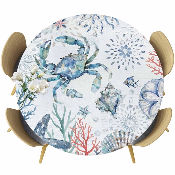 Ocean Crab Round Tablecloth, Fitted Table Cover with Elastic for 45"-54" Round Tables, Summer Coastal Coral Flower Shells Table Cloth Outdoor Indoor Dinning Party Waterproof Tablecloths