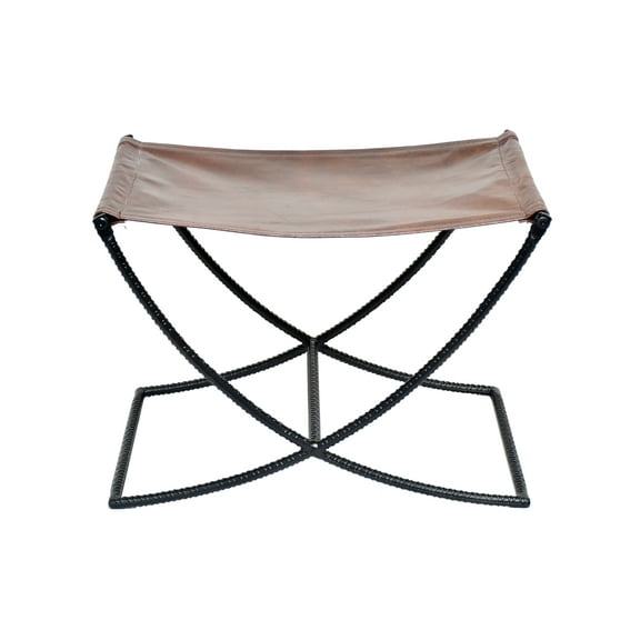 Cowhide Sling Seat Accent Stool With Iron Base