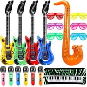 18 Pcs Inflatable Party Props,Inflatable Rock Star Toy Set for Kids 80 90s Party Decorations,include 4 Inflatable Guitar,6 Shutter Shading Glasses,6 Microphones,1 Inflatable Keyboard Piano,1 Saxophone