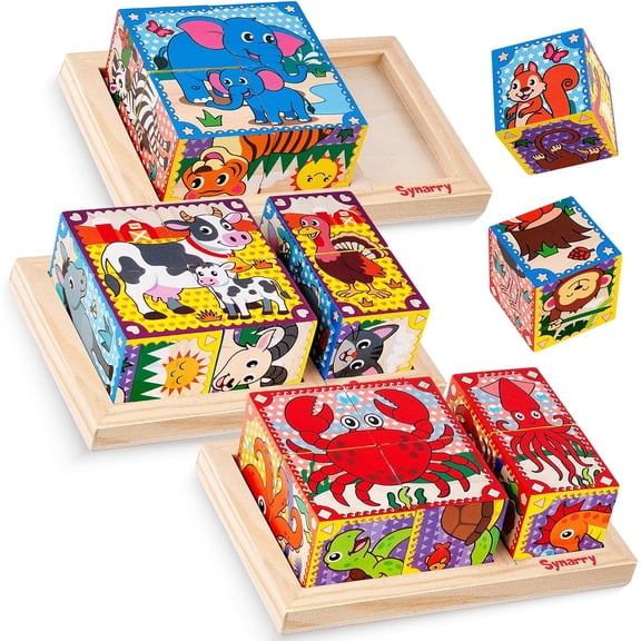 SYNARRY Wooden Puzzles for Toddlers 1-3, Farm Jungle Ocean Animals Puzzles for Toddlers 2-4, Wooden Cube Puzzle with Storage Tray, Large Block Montessori Toys for 1 2 3 Year Old, Easter Gifts for Kids
