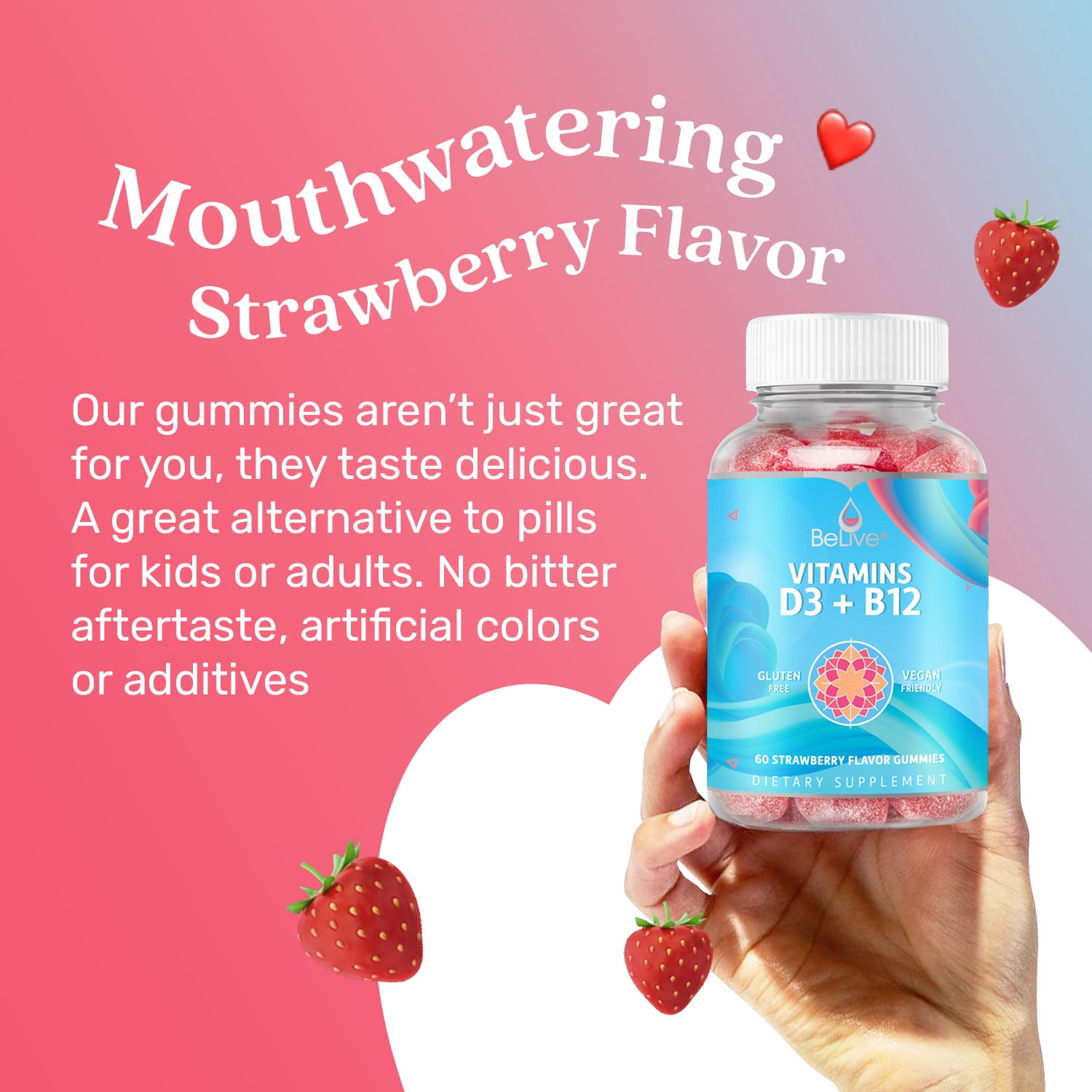 BeLive Vitamin D3 Gummies with B12 Vitamins  for Immune Support, Energy & Bone Health  Vegan Friendly, Gluten Free, Strawberry Flavor (60 Count)