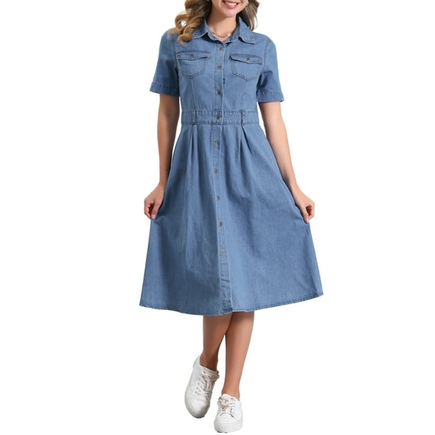 Vestido de mezclilla para mujer estilo CHIC Inspire, con mangas cortas, cuello de solapa, corte A, botones y largo midi, color azul claro