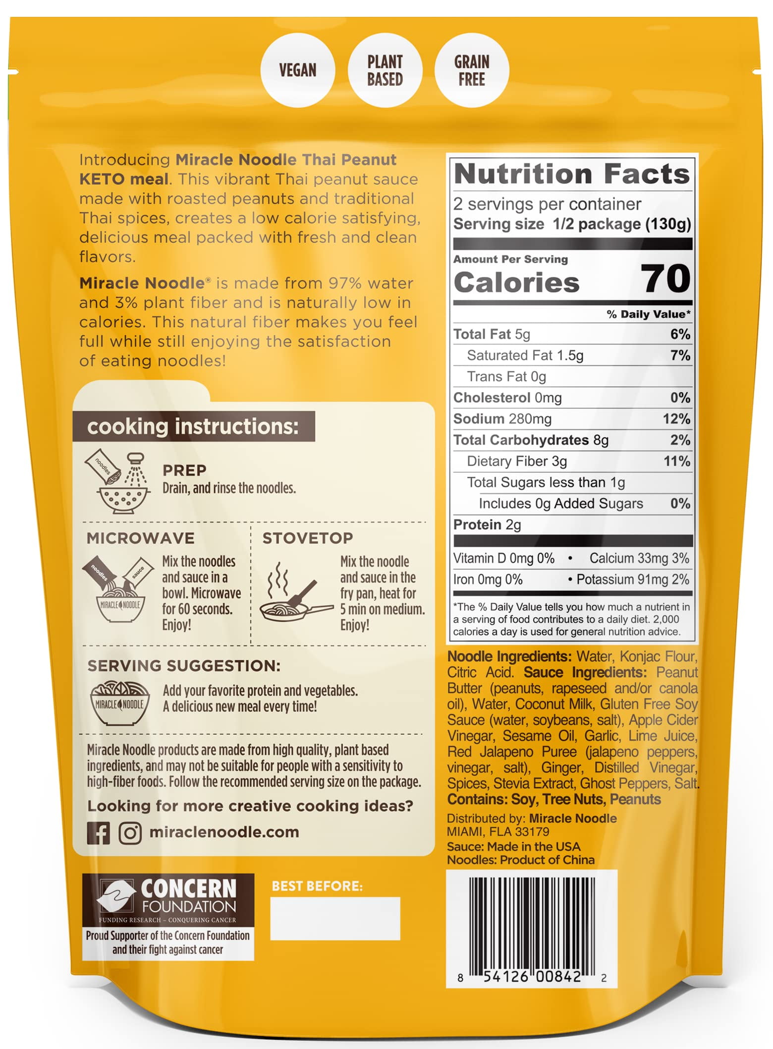 Miracle Noodle Keto Meal - Gluten Free, Non GMO, Vegan, Low Calorie, Low Carb, Grain Free - Thai Peanut Plant Based Noodles, 9.2 oz (Pack of 6)