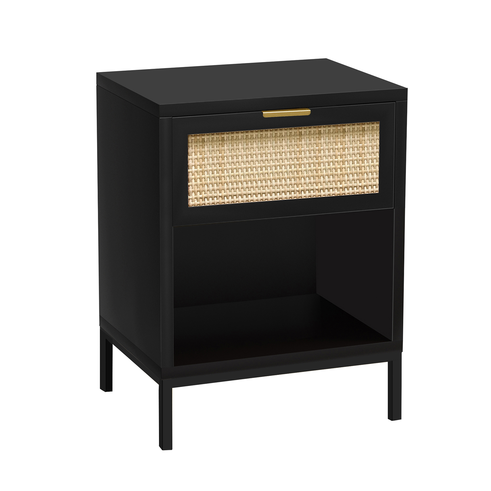 Modern Wood Nightstand with Natural Rattan Drawer, Mid-Century Side Table, White /Gold Bedside End Table Storage Drawer and Shelf for Bedroom Living Room,H0052