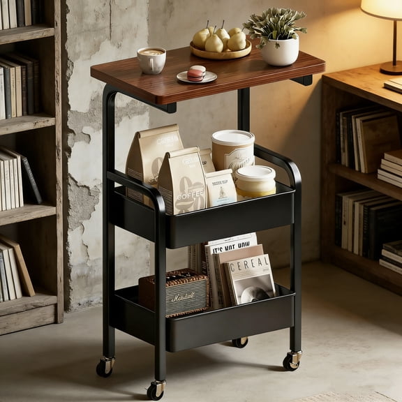 3 Tier Metal Rolling Cart with Walnut Table Top, Lockable Wheels Storage Organizer for Kitchen Bathroom Coffee Bar