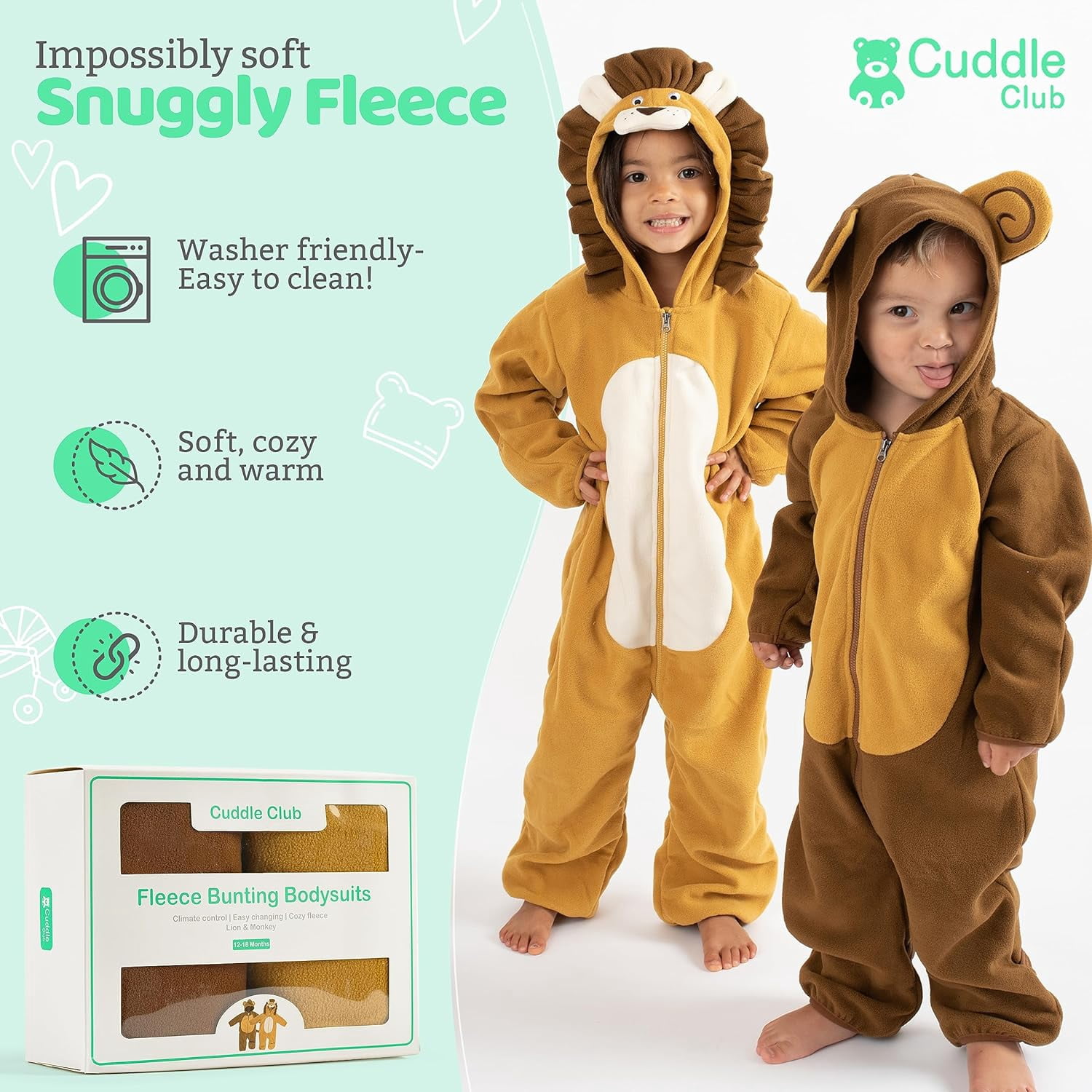 Cuddle Club Fleece Baby Bunting Bodysuit One Piece Hooded Romper Outerwear, 3 to 6 Months Lion & Monkey 2-Pack