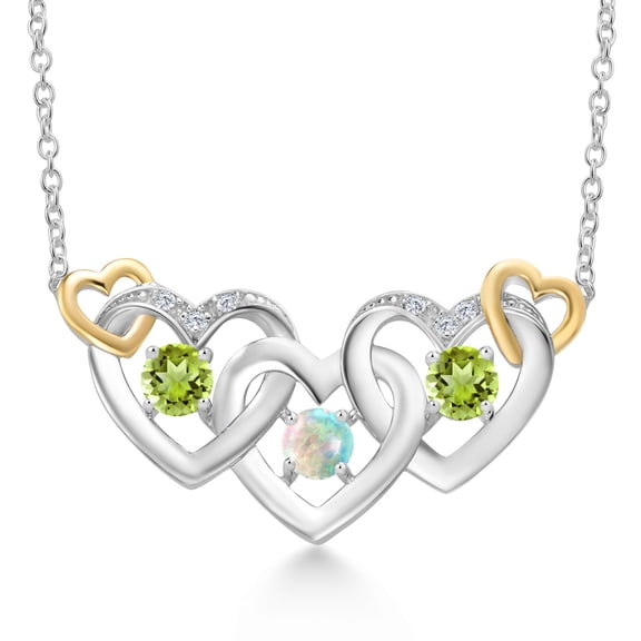 Gem Stone King 925 Silver and 10K Yellow Gold White Opal Green Peridot and White Lab Grown Diamond Heart Shape Pendant Necklace for Women (0.91 Cttw, with 18 inch Chain)