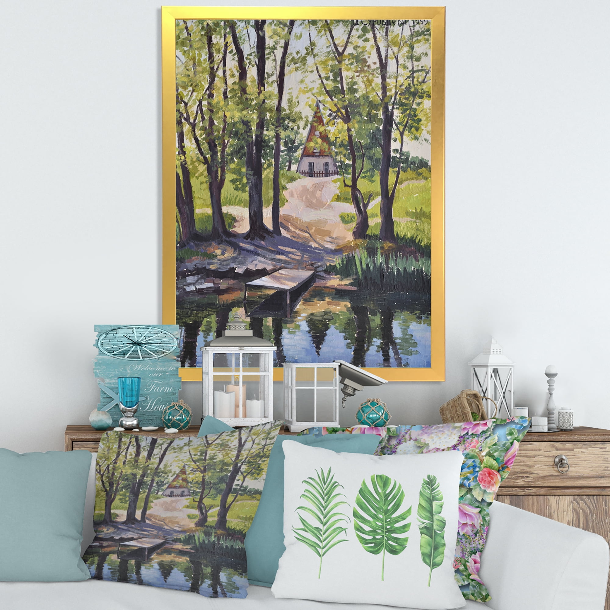 Designart 'Mysterious Countryside House By The River In The Woods' Lake House Framed Art Print