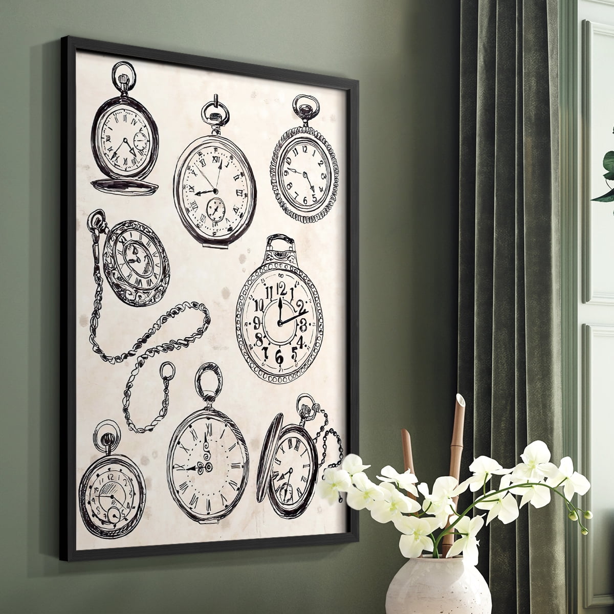 Pocket Watch Sketches II in Black Solid Wood 11 x 14 Framed Print