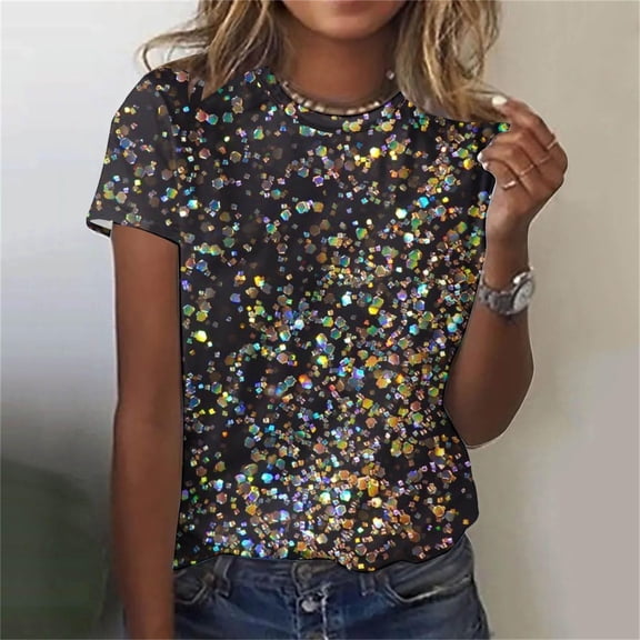 YEJIMAN Black Plus Size Tunic Tops For Women, Polyester,Spandex Cotton Tshirts For Women, Women's Short Sleeve Sequin Print Fashionable Round Neck Casual T Shirt